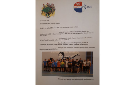 STAGE TENNIS DE TABLE VACANCES NOEL - jeudi 02 et vendredi 3 janvier 2020