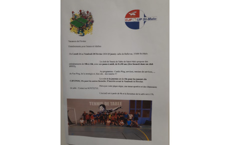 STAGE TENNIS DE TABLE VACANCES FEVRIER - lundi 24 au vendredi 28 février 2020